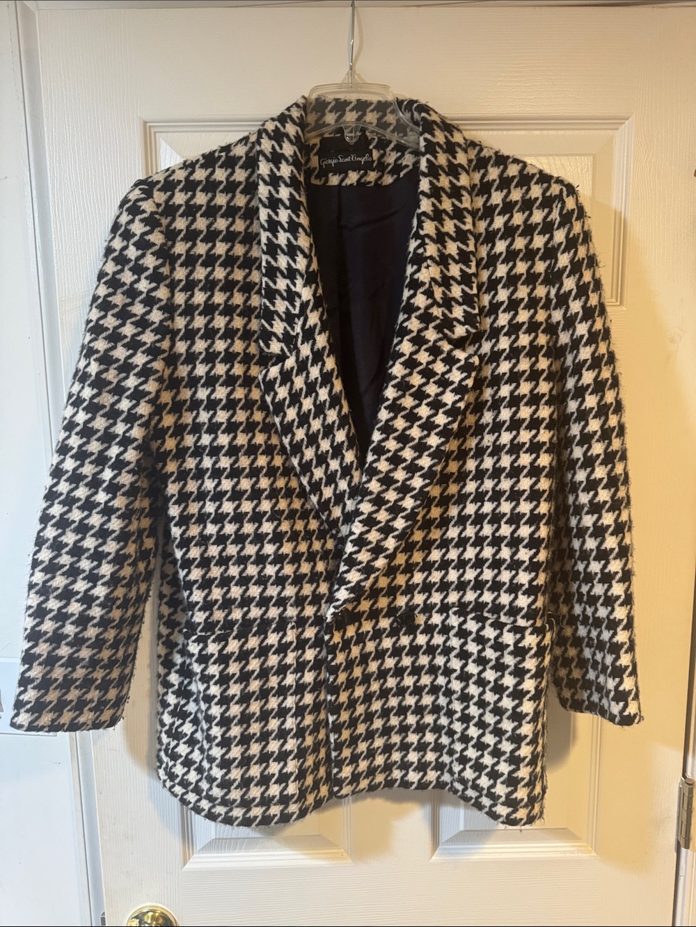 Black & White Wool Houndstooth Blazer Jacket - Classic Tailored Style